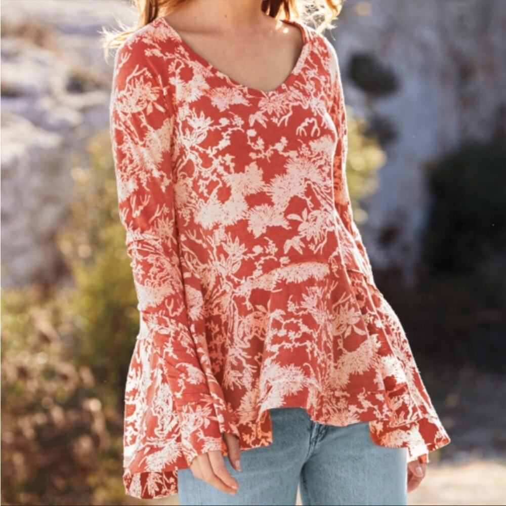 Peruvian Connection floral orange white peplum ruffle Lacquer Woodblock blouse